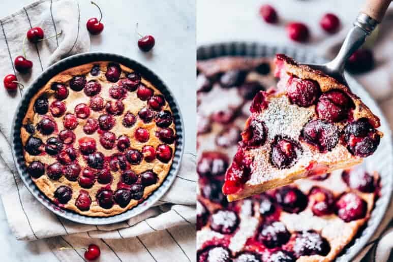 Clafoutis de cerezas listo y cortado